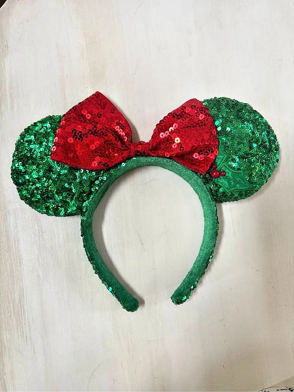 Disney Parks Holiday Green Sequin and Red Bow Minnie Mouse Ear Headband